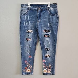 Patchwork Distressed Ankle Jeans With Painted Flowers High Waist Womens Size 2XL